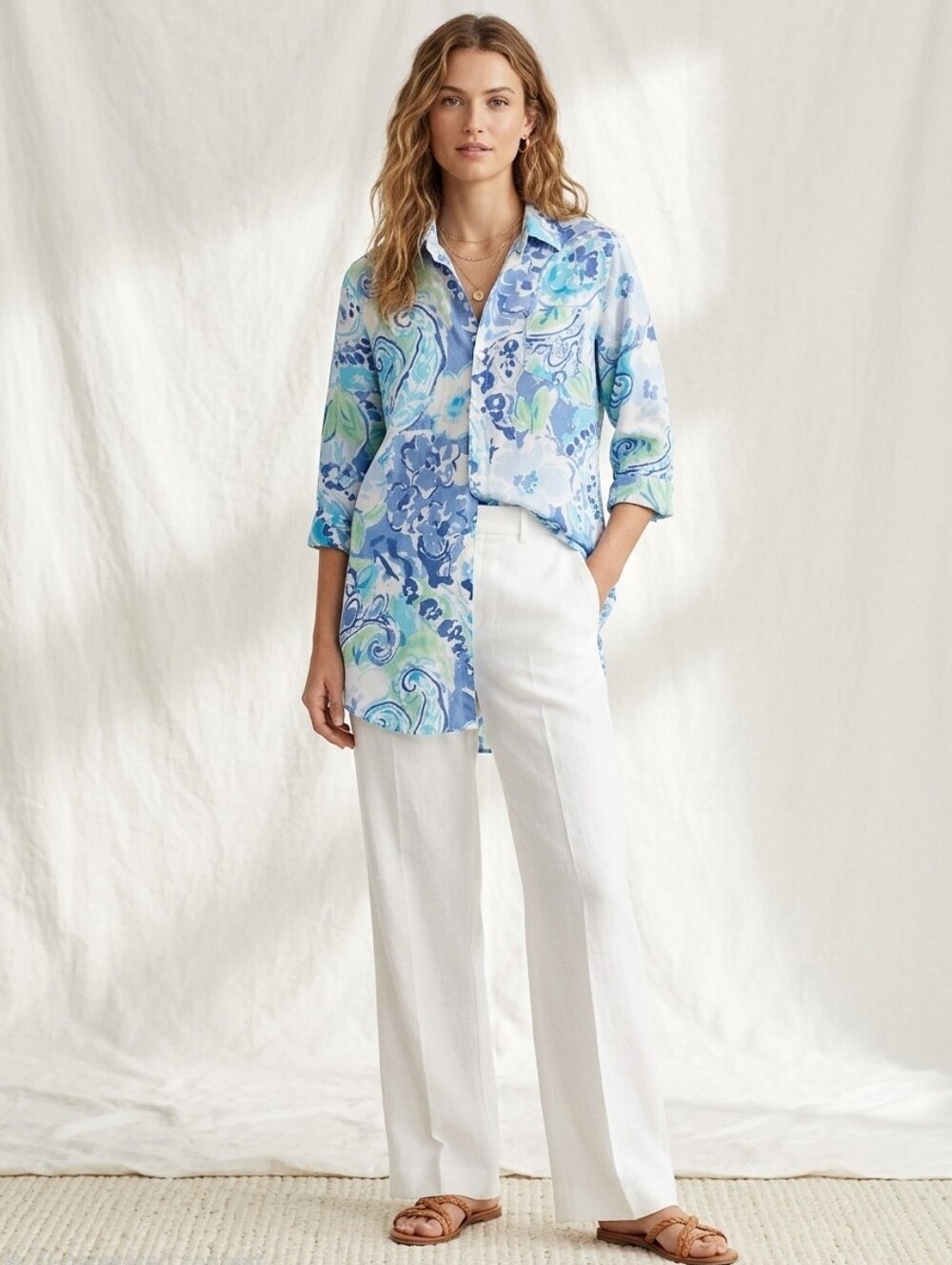 Lauren Ralph Lauren Button Up  Paisley Floral Tunic Shirt Sz. L Cuffed Sleeve